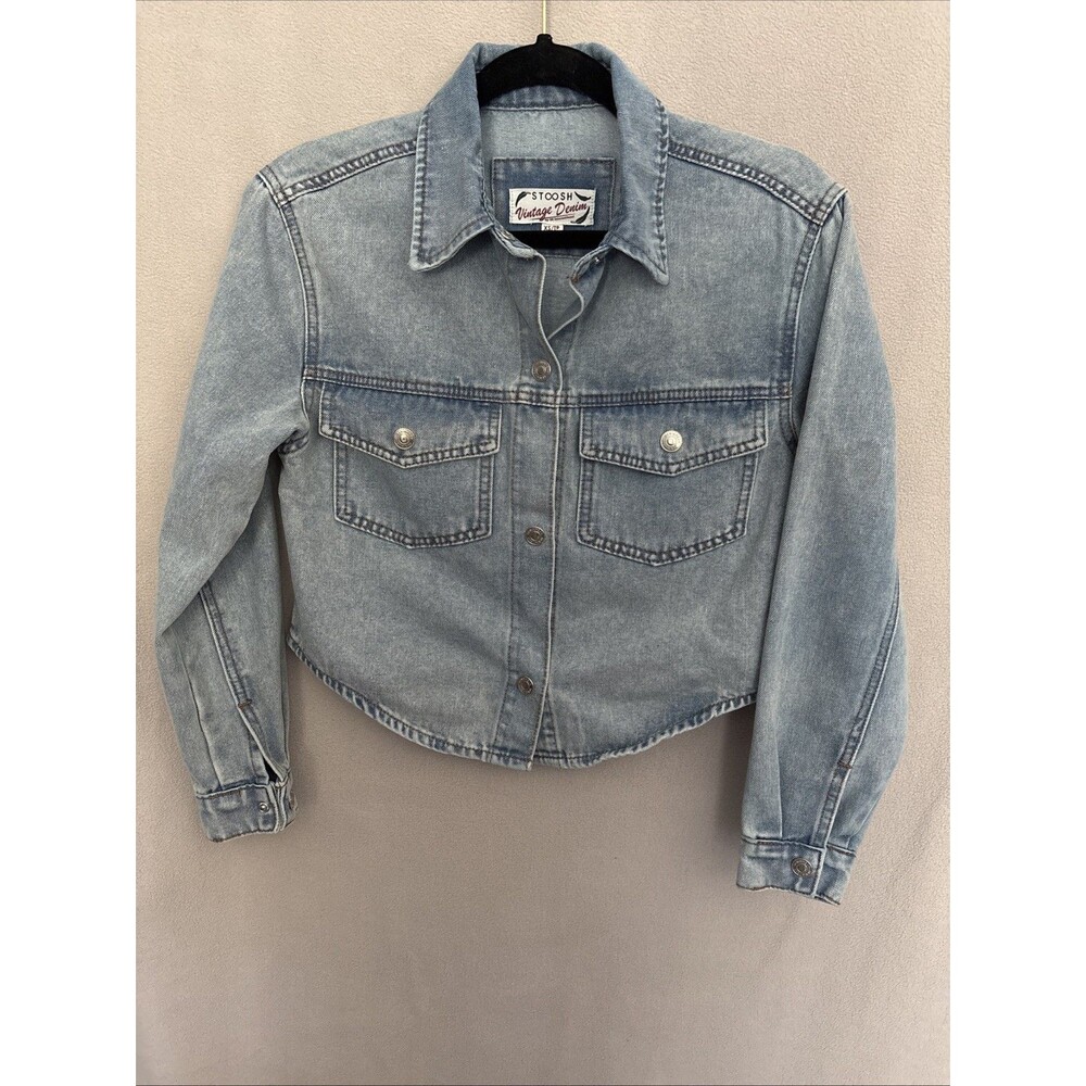 Stoosh VTG Denim Distressed Jean Shirt Jacket Shacket Button Up Womens Sz XS
